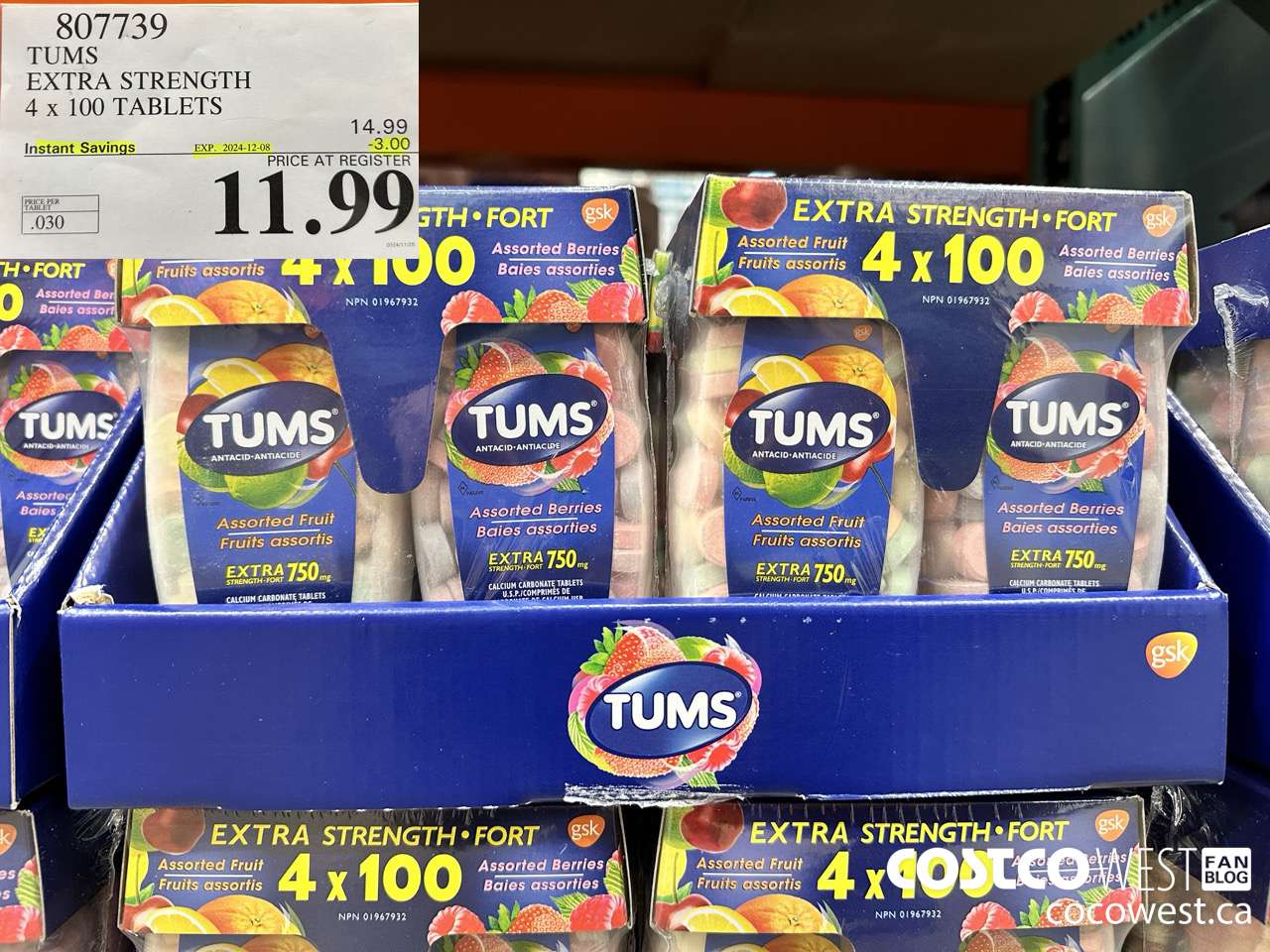 807739 TUMS EXTRA STRENGTH 4 X 100 TABLETS ($3.00 INSTANT SAVINGS EXPIRES ON 2024-12-08) $11.99
