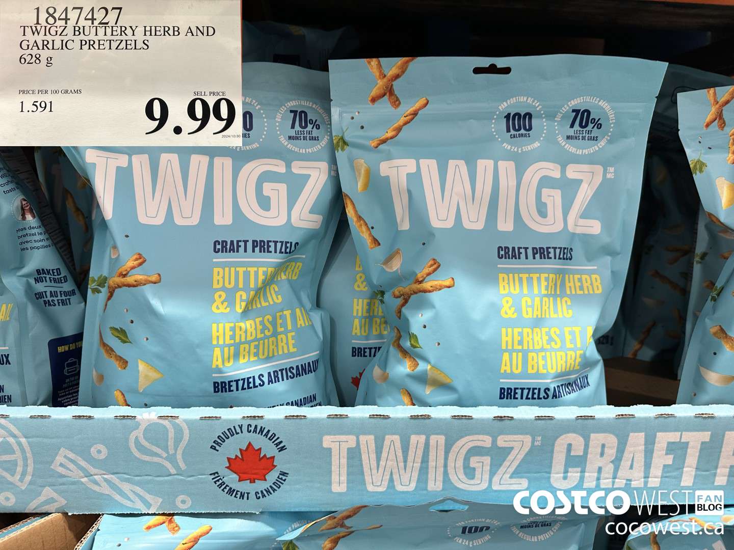 1847427 TWIGZ BUTTERY HERB AND GARLIC PRETZELS 628G $9.99