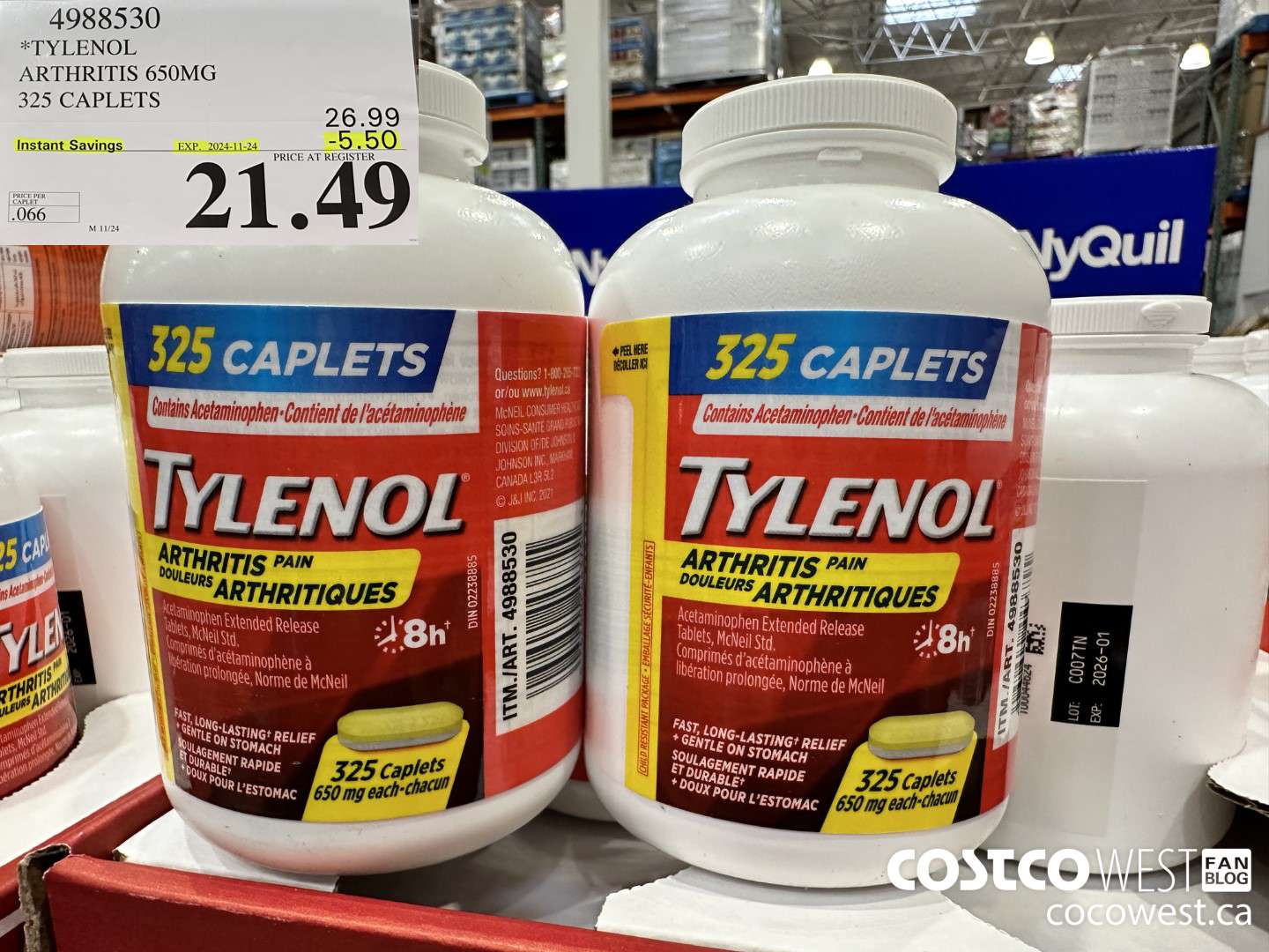 4988530 TYLENOL ARTHRITIS 650MG 325 CAPLETS ($5.50 INSTANT SAVINGS EXPIRES ON 2024-11-24) $21.49