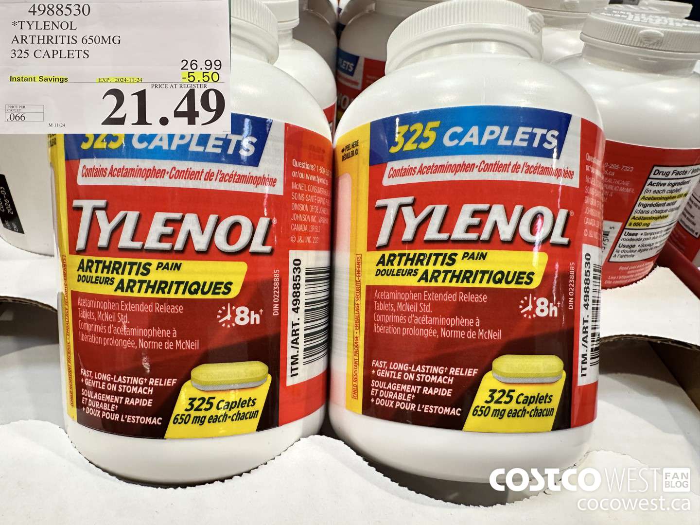 4988530 TYLENOL ARTHRITIS 650MG 325 CAPLETS ($5.50 INSTANT SAVINGS EXPIRES ON 2024-11-24) $21.49