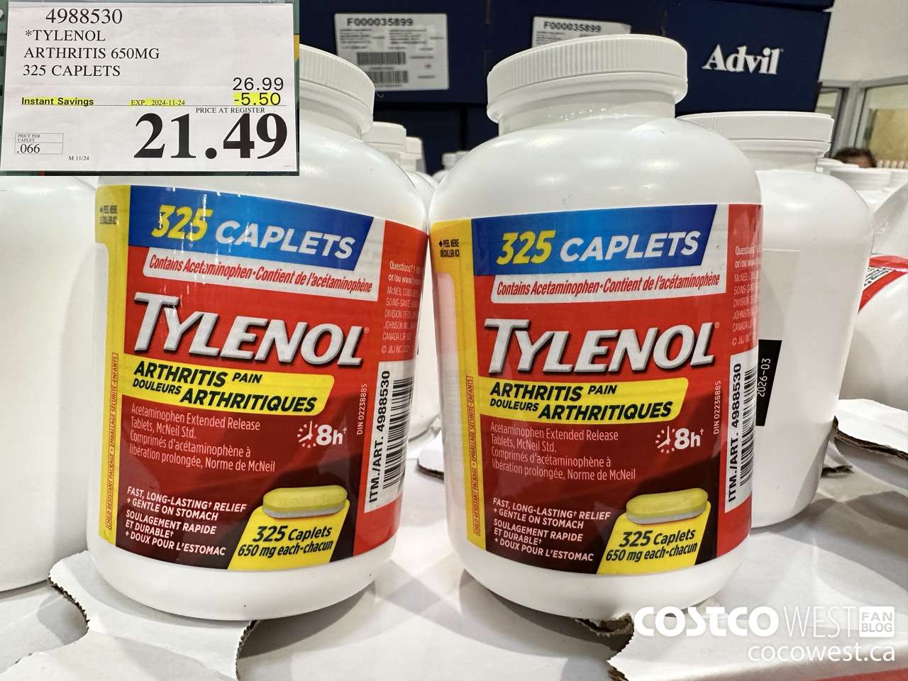 4988530 TYLENOL ARTHRITIS 650MG 325 CAPLETS ($5.50 INSTANT SAVINGS EXPIRES ON 2024-11-24) $21.49