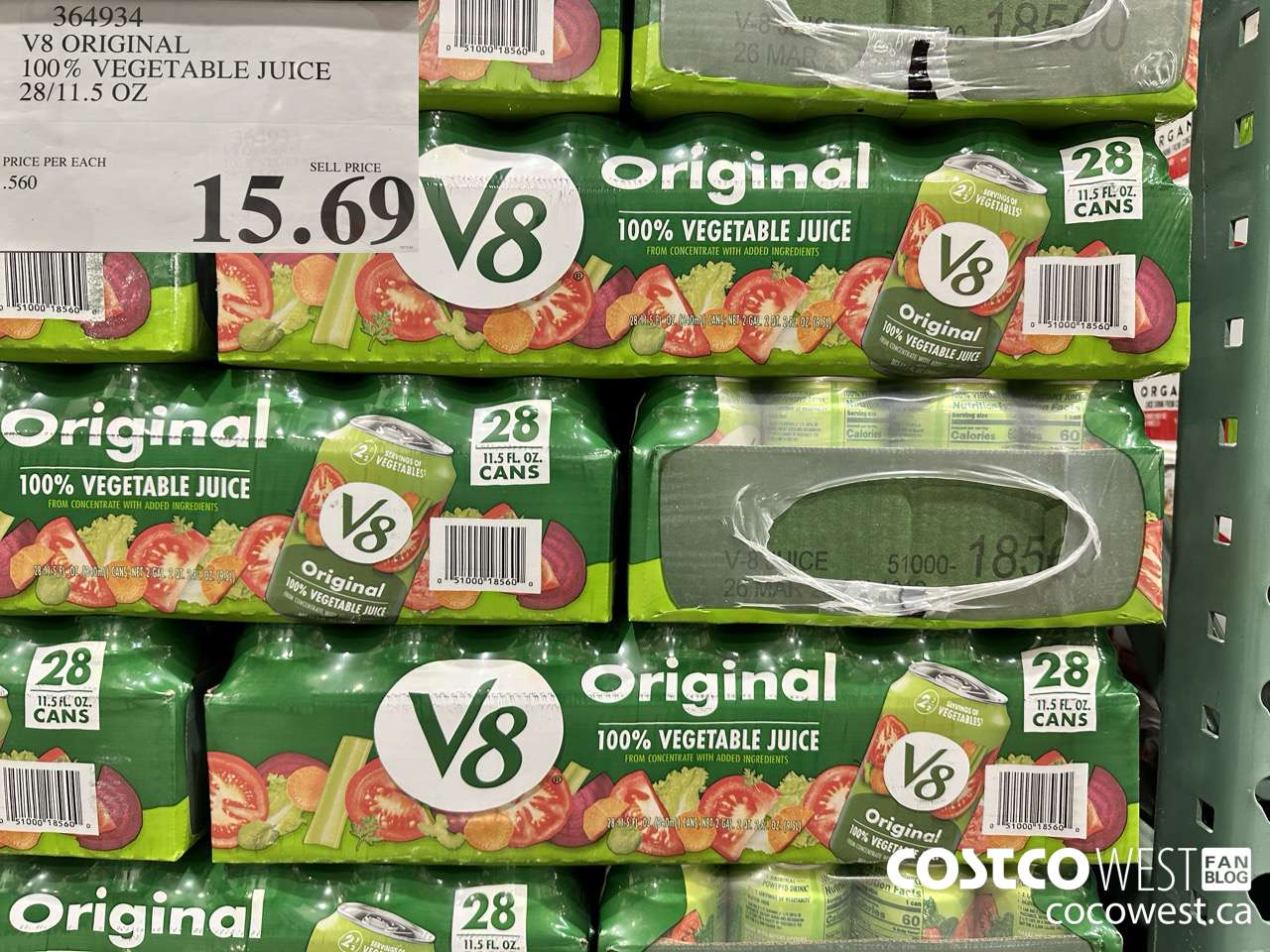 364934 V8 100% VEGETABLE JUICE 28/11.5 OZ $15.69