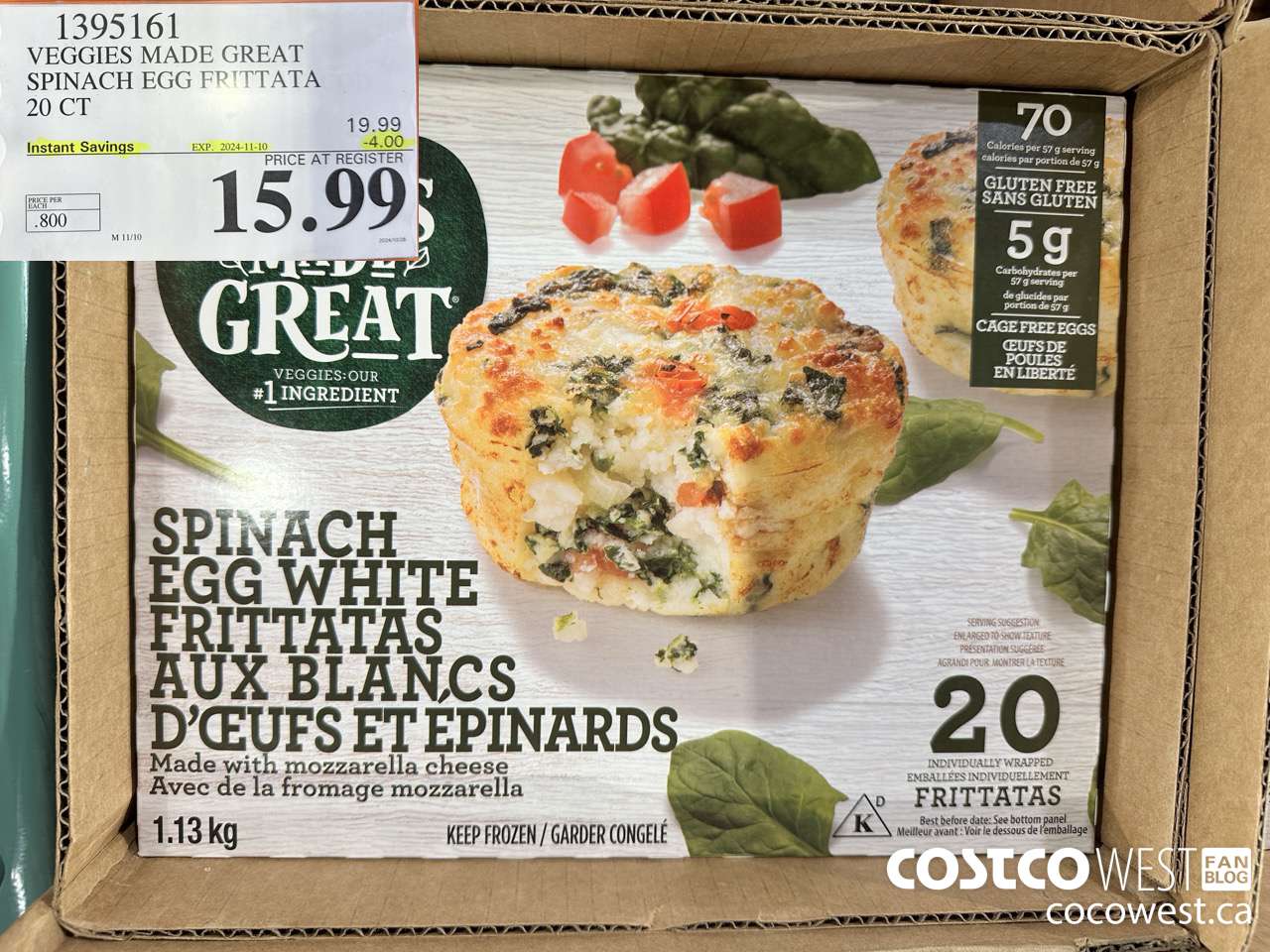 1395161 VEGGIES MADE GREAT SPINACH EGG FRITTATA 20 PK ($4.00 INSTANT SAVINGS EXPIRES ON 2024-11-10) $15.99