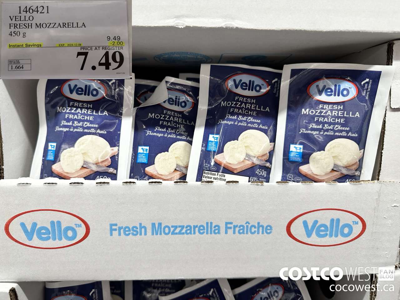 146421 VELLO FRESH MOZZARELLA 450 G ($2.00 INSTANT SAVINGS EXPIRES ON 2024-12-08) $7.49