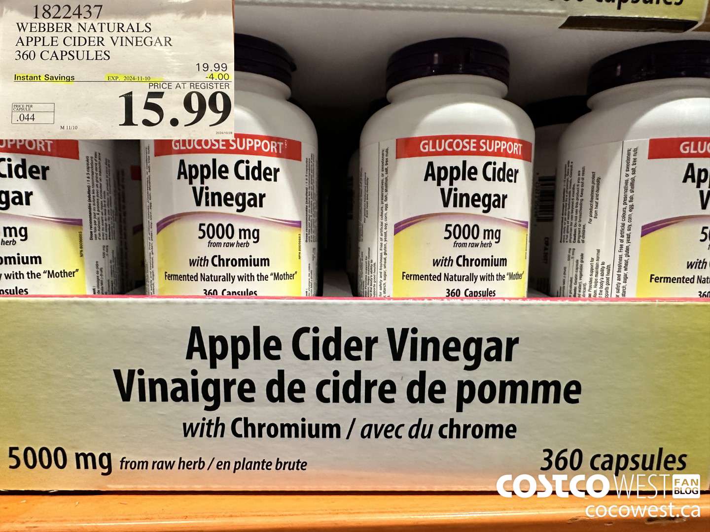 1822437 WEBBER NATURALS APPLE CIDER VINEGAR 360 CAPSULES ($4.00 INSTANT SAVINGS EXPIRES ON 2024-11-10) $15.99