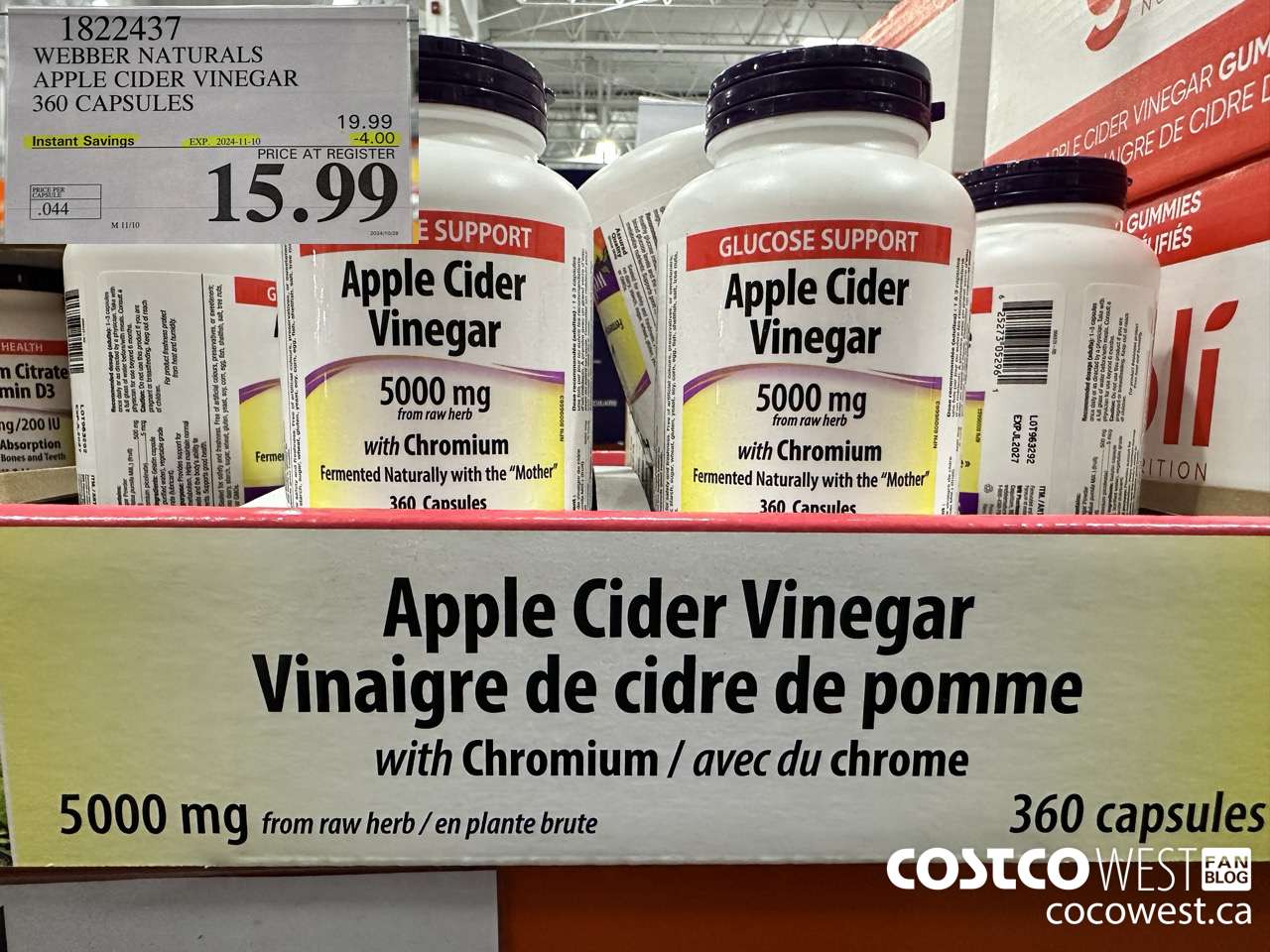 1822437 WEBBER NATURALS APPLE CIDER VINEGAR 360 CAPSULES ($4.00 INSTANT SAVINGS EXPIRES ON 2024-11-10) $15.99