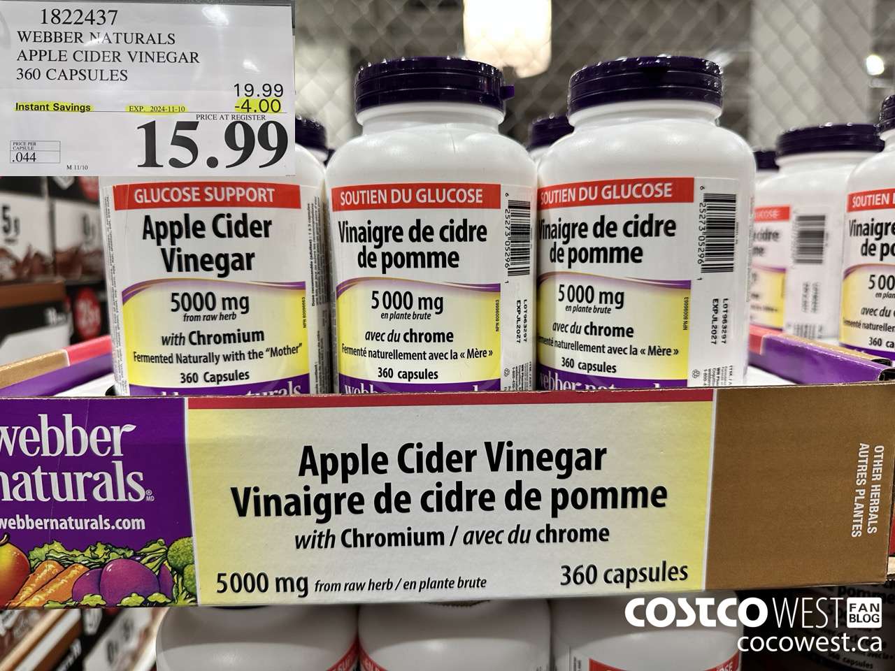 1822437 WEBBER NATURALS APPLE CIDER VINEGAR 360 CAPSULES ($4.00 INSTANT SAVINGS EXPIRES ON 2024-11-10) $15.99
