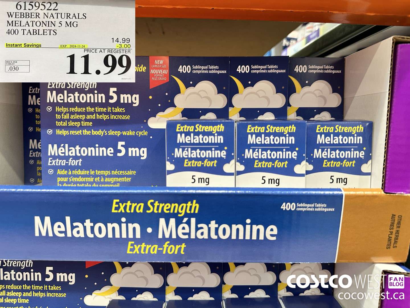 6159522 WEBBER NATURALS MELATONIN 5 MG 400 TABLETS ($3.00 INSTANT SAVINGS EXPIRES ON 2024-11-24) $11.99