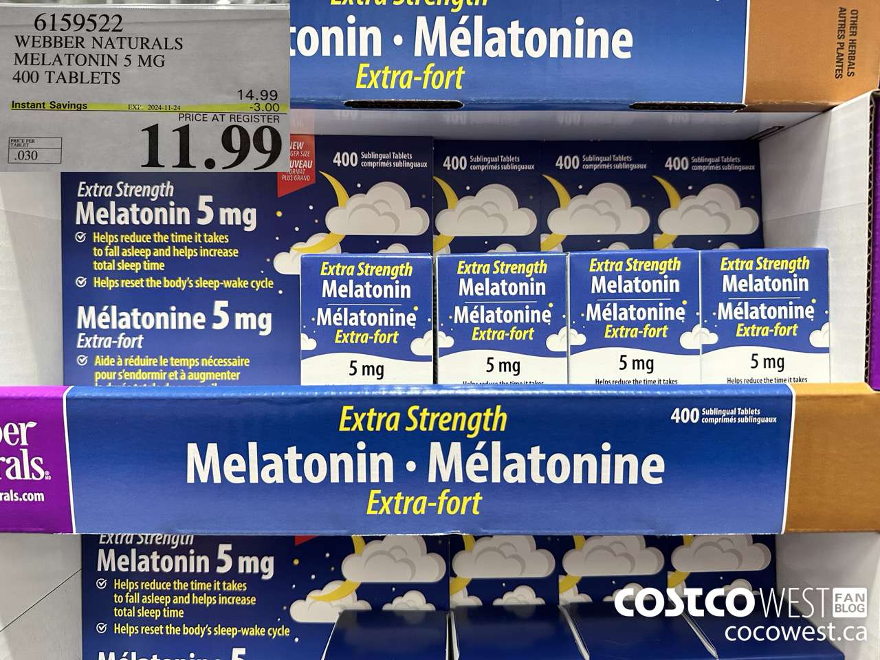 6159522 WEBBER NATURALS MELATONIN 5 MG 400 TABLETS ($3.00 INSTANT SAVINGS EXPIRES ON 2024-11-24) $11.99