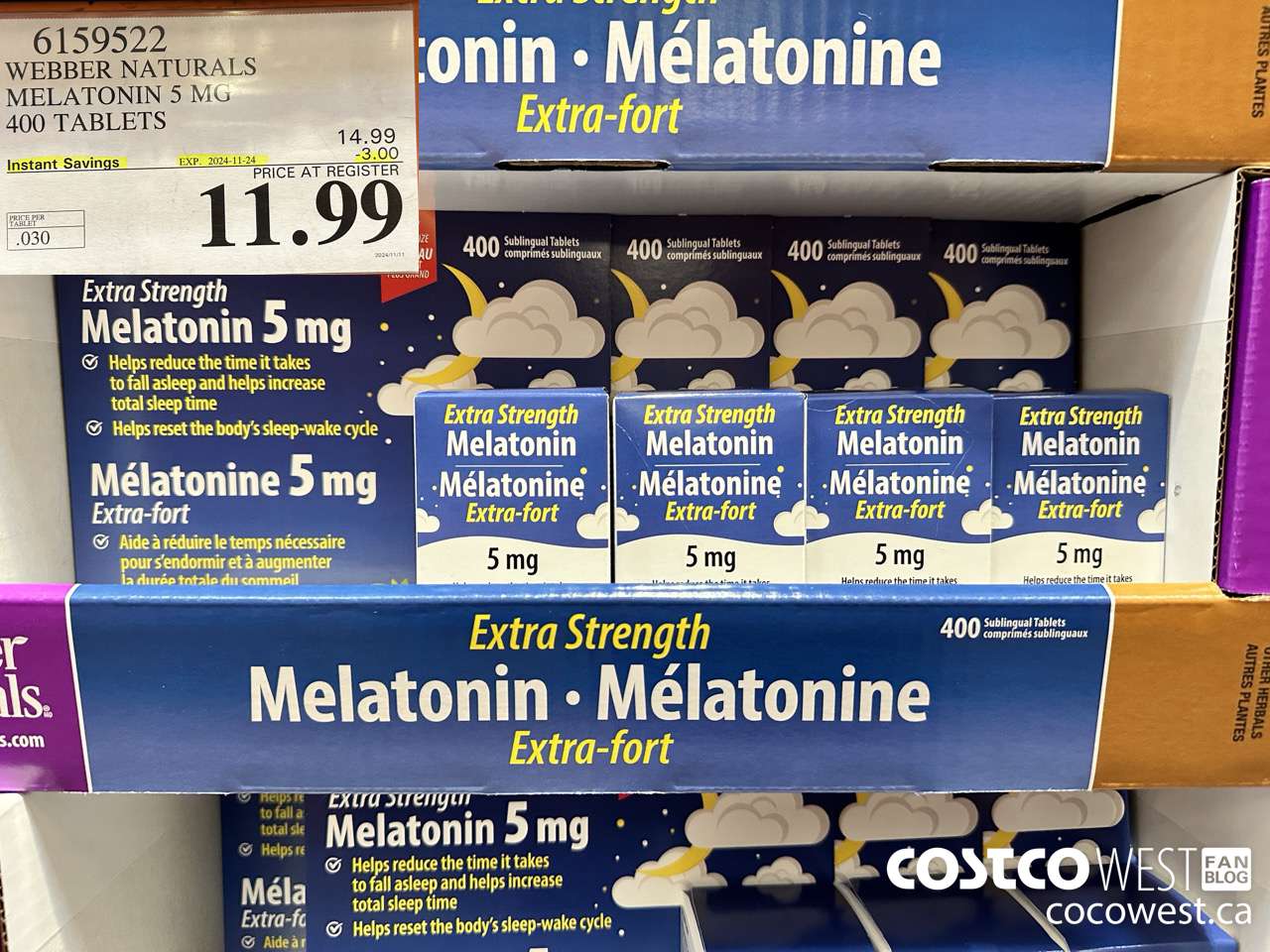 6159522 WEBBER NATURALS MELATONIN 5 MG 400 TABLETS ($3.00 INSTANT SAVINGS EXPIRES ON 2024-11-24) $11.99