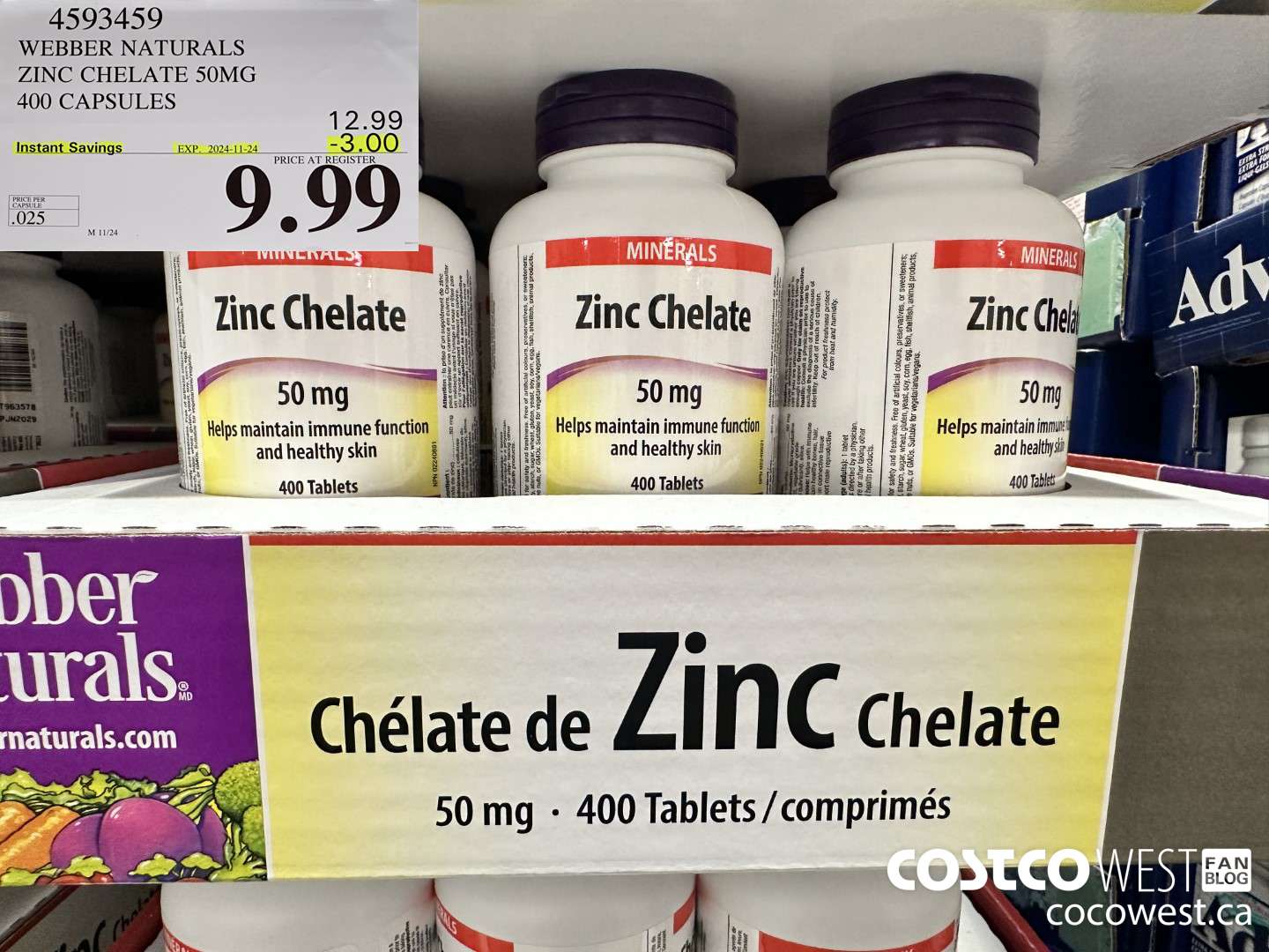 4593459 WEBBER NATURALS ZINC CHELATE 50MG 400 CAPSULES ($3.00 INSTANT SAVINGS EXPIRES ON 2024-11-24) $9.99
