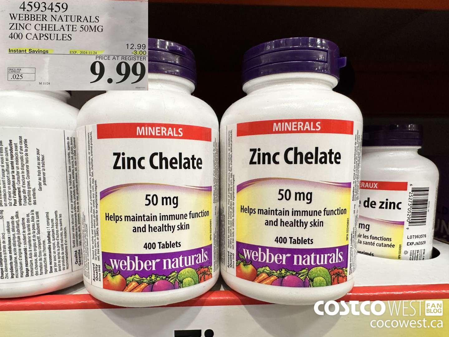 4593459 WEBBER NATURALS ZINC CHELATE 50MG 400 CAPSULES ($3.00 INSTANT SAVINGS EXPIRES ON 2024-11-24) $9.99