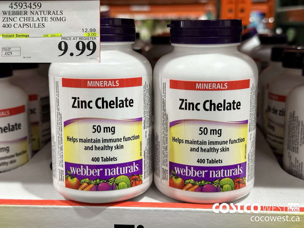 4593459 WEBBER NATURALS ZINC CHELATE 50MG 400 CAPSULES ($3.00 INSTANT SAVINGS EXPIRES ON 2024-11-24) $9.99
