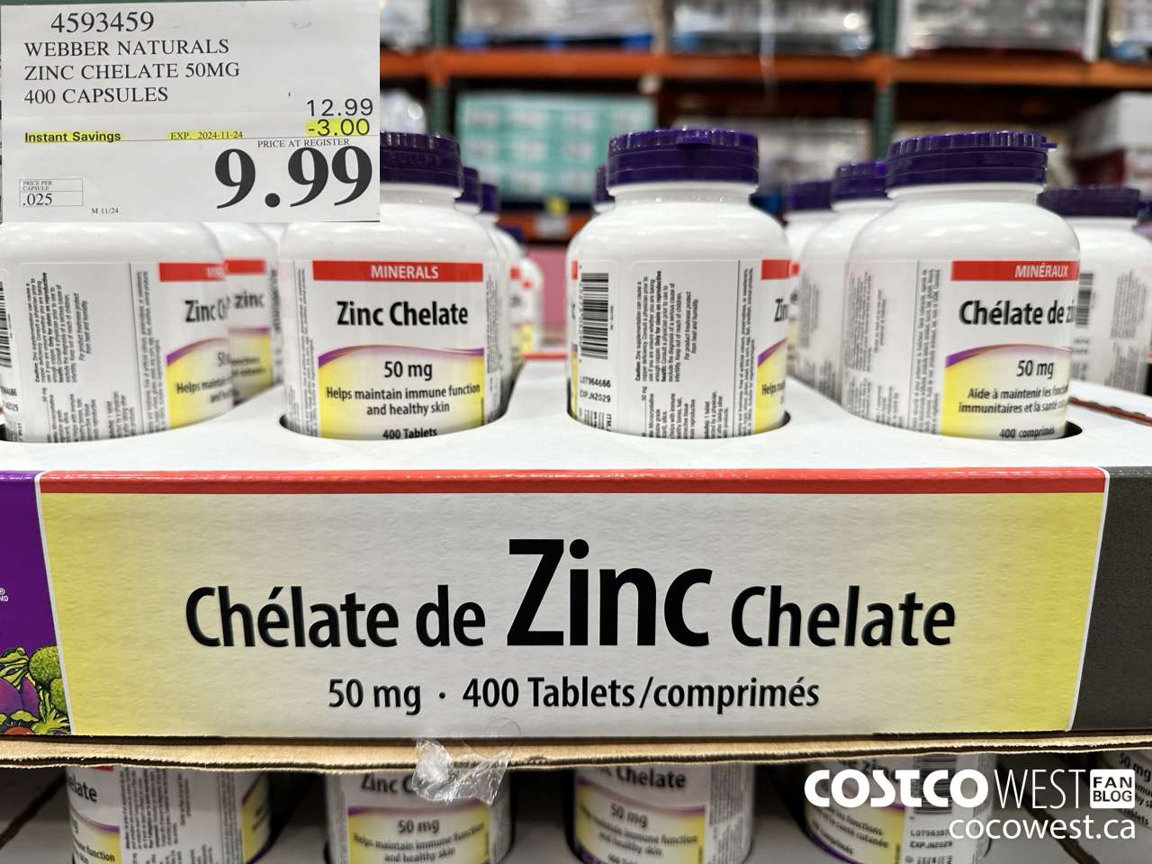4593459 WEBBER NATURALS ZINC CHELATE 50MG 400 CAPSULES ($3.00 INSTANT SAVINGS EXPIRES ON 2024-11-24) $9.99