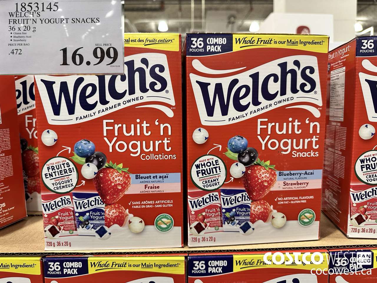 1853145 WELCH'S FRUIT'N YOGURT SNACKS 36 X 20G $16.99