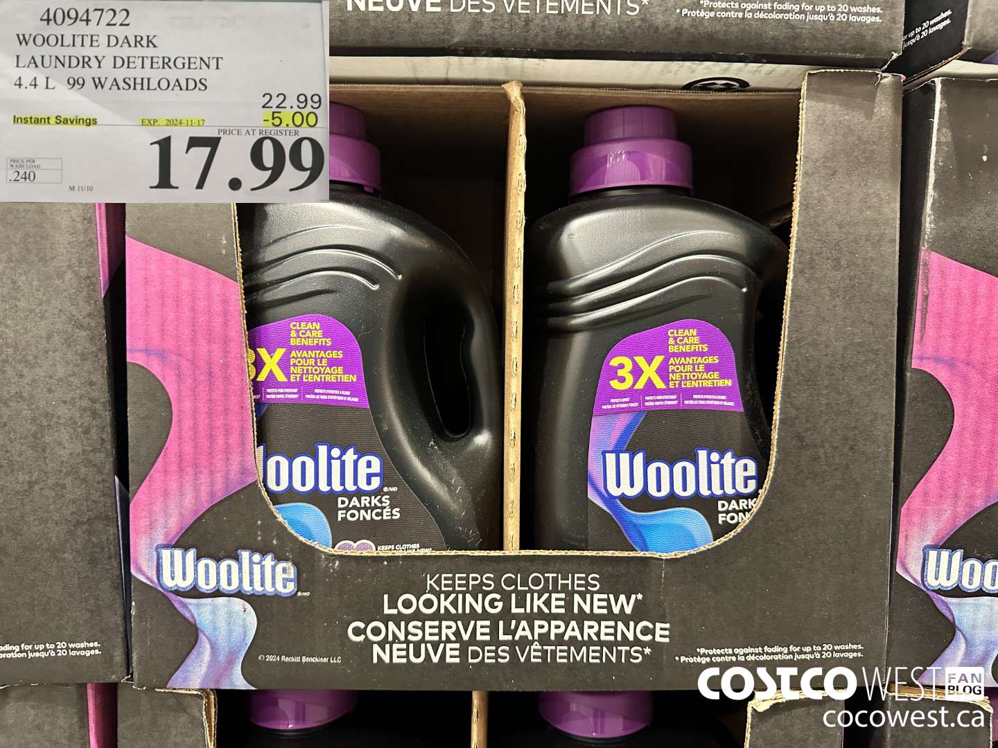 4094722 WOOLITE DARK LAUNDRY DETERGENT 4.4L 99 WASHLOADS ($5.00 INSTANT SAVINGS EXPIRES ON 2024-11-17) $17.99