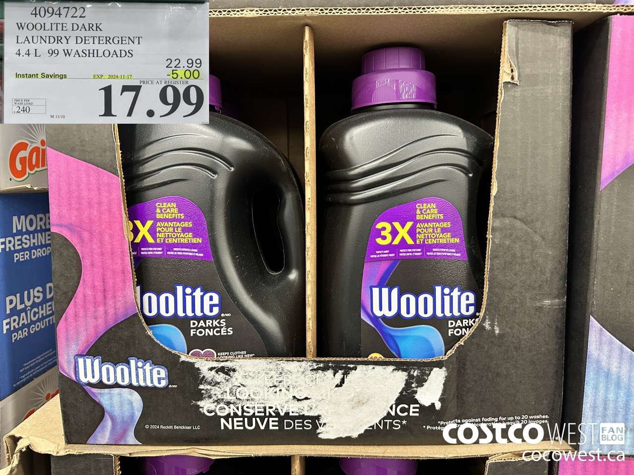 4094722 WOOLITE DARK LAUNDRY DETERGENT 4.4L 99 WASHLOADS ($5.00 INSTANT SAVINGS EXPIRES ON 2024-11-17) $17.99