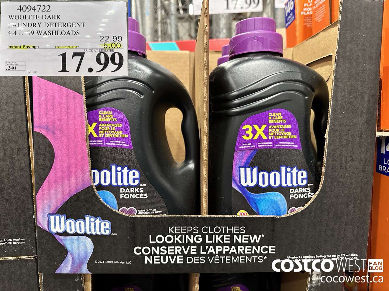4094722 WOOLITE DARK LAUNDRY DETERGENT 4.4L 99 WASHLOADS ($5.00 INSTANT SAVINGS EXPIRES ON 2024-11-17) $17.99