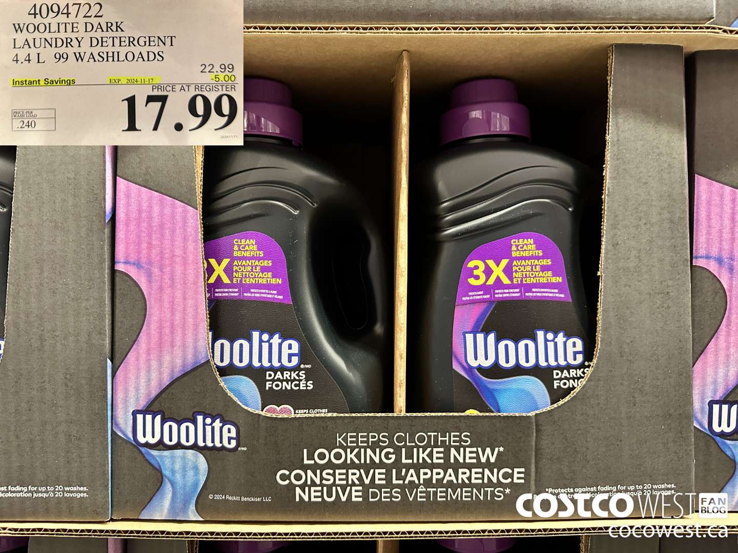 4094722 WOOLITE DARK LAUNDRY DETERGENT 4.4L 99 WASHLOADS ($5.00 INSTANT SAVINGS EXPIRES ON 2024-11-17) $17.99