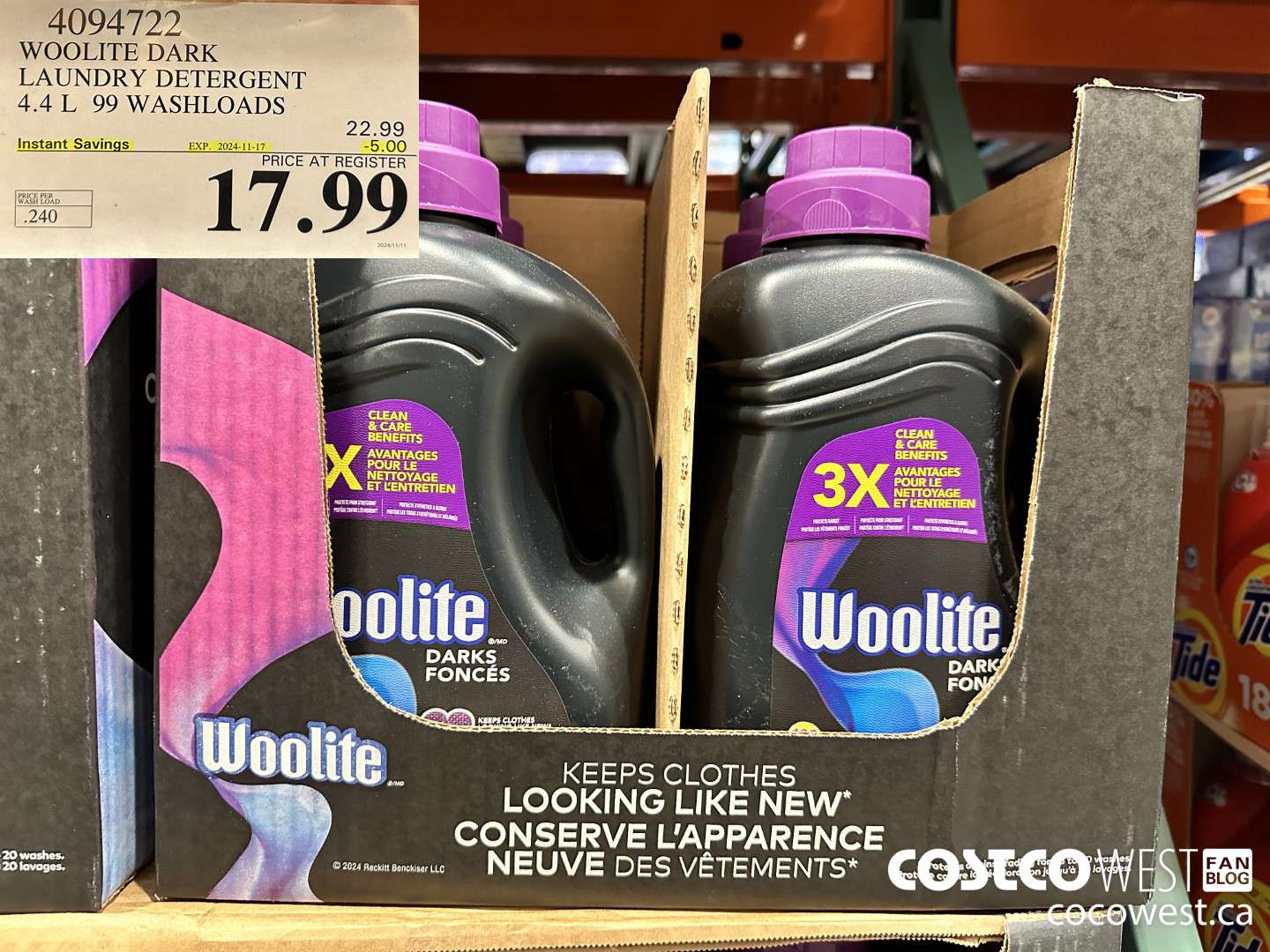 4094722 WOOLITE DARK LAUNDRY DETERGENT 4.4L 99 WASHLOADS ($5.00 INSTANT SAVINGS EXPIRES ON 2024-11-17) $17.99