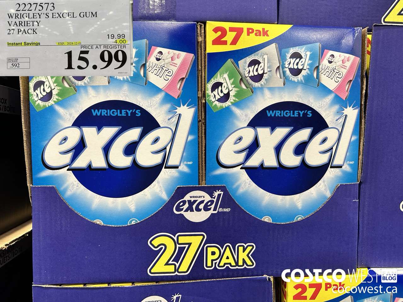 2227573 WRIGLEY'S EXCEL GUM VARIETY 27 PACK ($4.00 INSTANT SAVINGS EXPIRES ON 2024-12-01) $15.99
