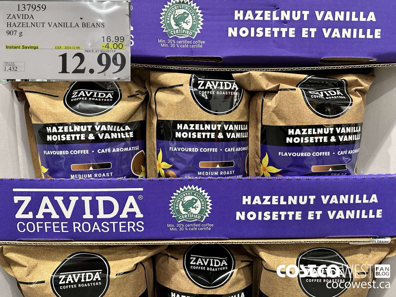 137959 ZAVIDA HAZELNUT VANILLA BEANS 907 g ($4.00 INSTANT SAVINGS EXPIRES ON 2024-12-08) $12.99