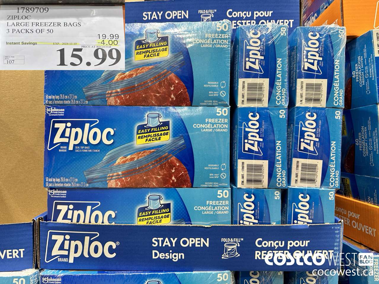 789709 ZIPLOCK LARGE FREEZER BAG 3 X 40 ($4.50 INSTANT SAVINGS EXPIRES ON 2024-11-10) $15.99
