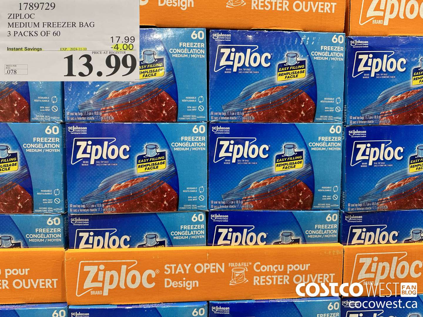 1789729 ZIPLOC MEDIUM FREEZER BAG 3 x 60 ($4.00 INSTANT SAVINGS EXPIRES ON 2024-11-10) $13.99