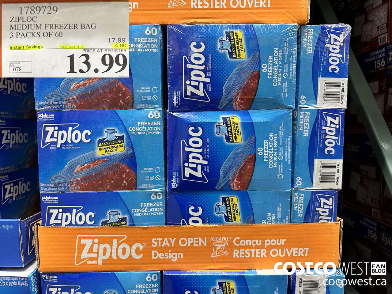 1789729 ZIPLOC MEDIUM FREEZER BAG 3 x 60 ($4.00 INSTANT SAVINGS EXPIRES ON 2024-11-10) $13.99