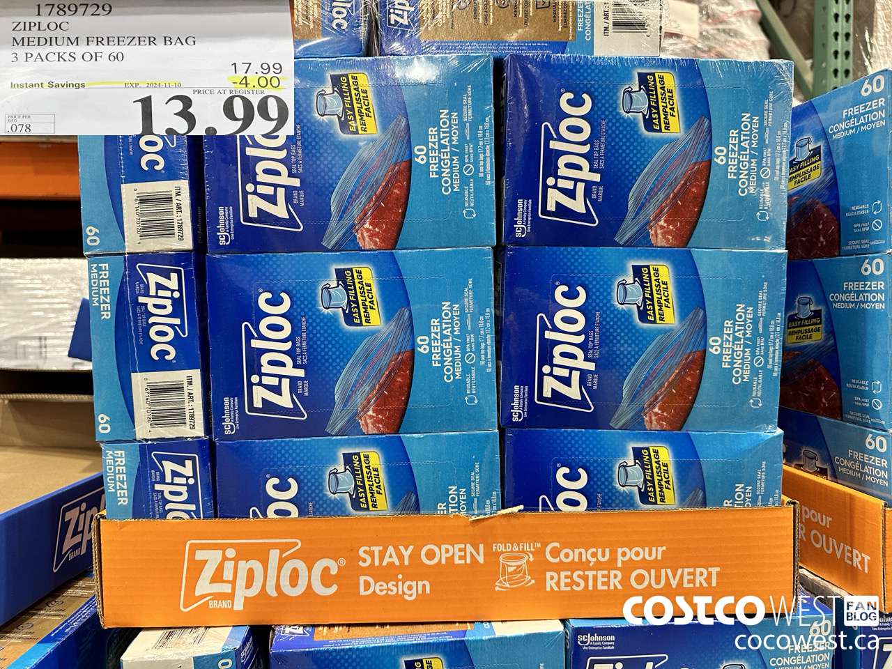 1789729 ZIPLOC MEDIUM FREEZER BAG 3 x 60 ($4.00 INSTANT SAVINGS EXPIRES ON 2024-11-10) $13.99