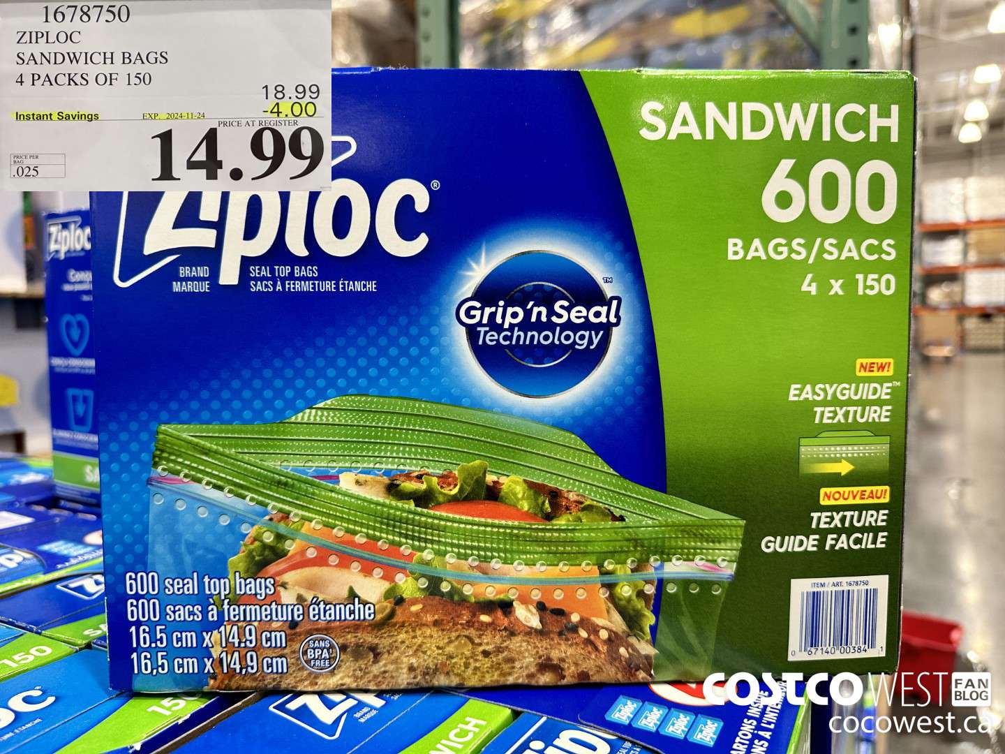 1678750 ZIPLOC SANDWICH BAGS 4 X 150 ($4.00 INSTANT SAVINGS EXPIRES ON 2024-11-24) $14.99