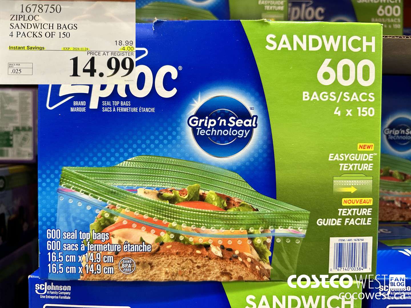 1678750 ZIPLOC SANDWICH BAGS 4 X 150 ($4.00 INSTANT SAVINGS EXPIRES ON 2024-11-24) $14.99