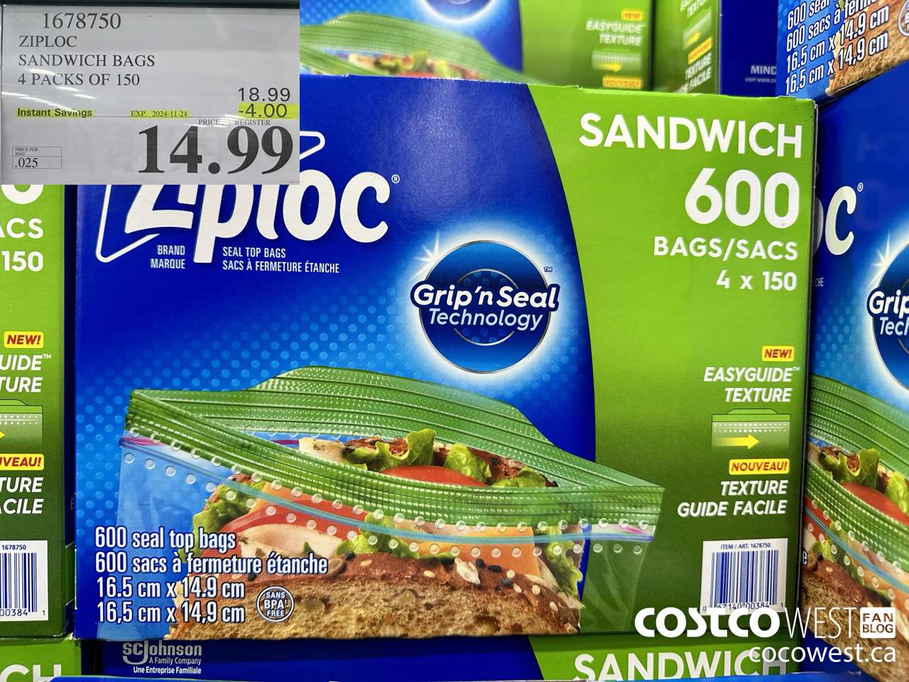 1678750 ZIPLOC SANDWICH BAGS 4 X 150 ($4.00 INSTANT SAVINGS EXPIRES ON 2024-11-24) $14.99