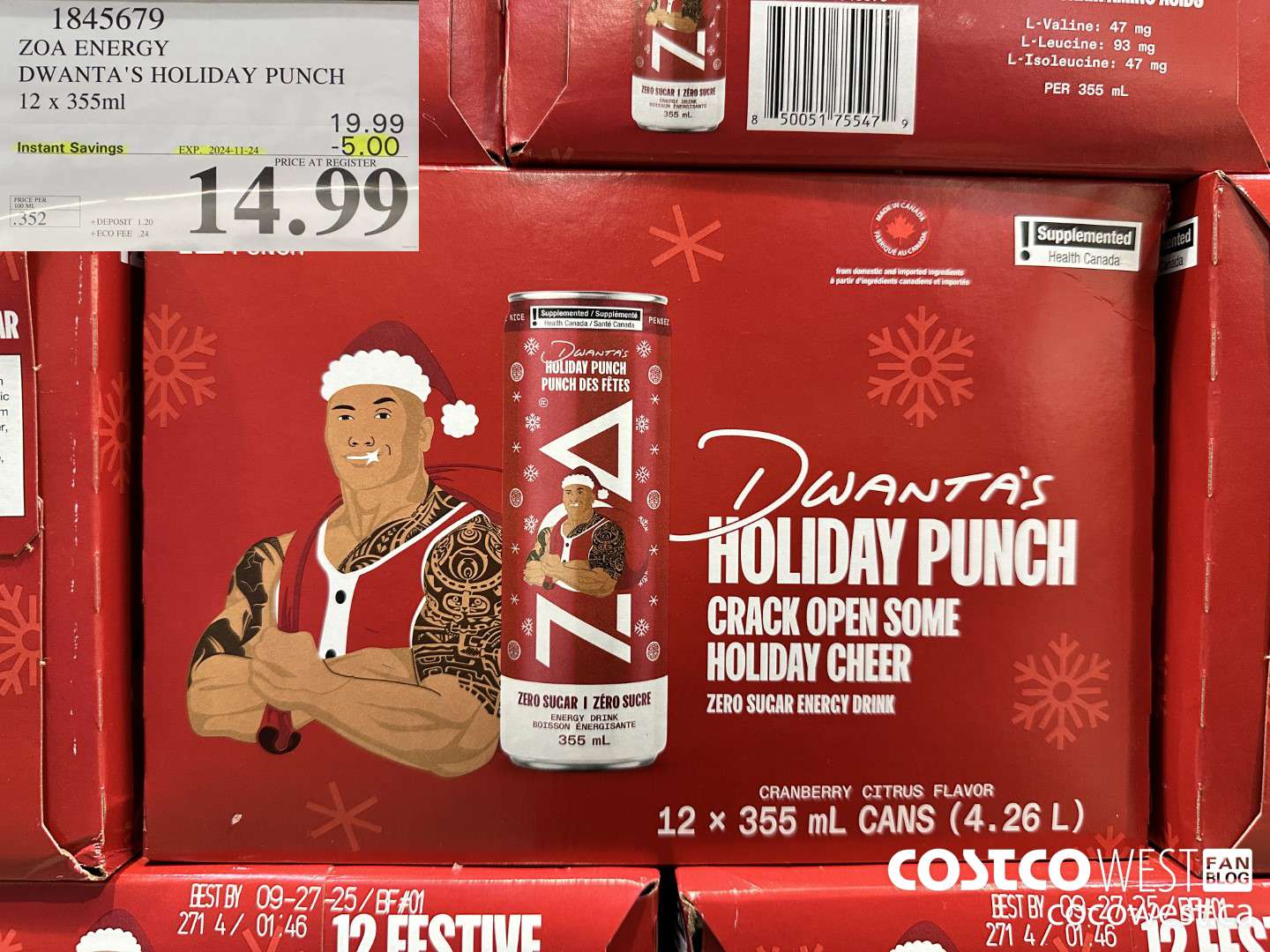 1845679 ZOA ENERGY DWANTA'S HOLIDAY PUNCH 12 X 355ML ($5.00 INSTANT SAVINGS EXPIRES ON 2024-11-24) $14.99