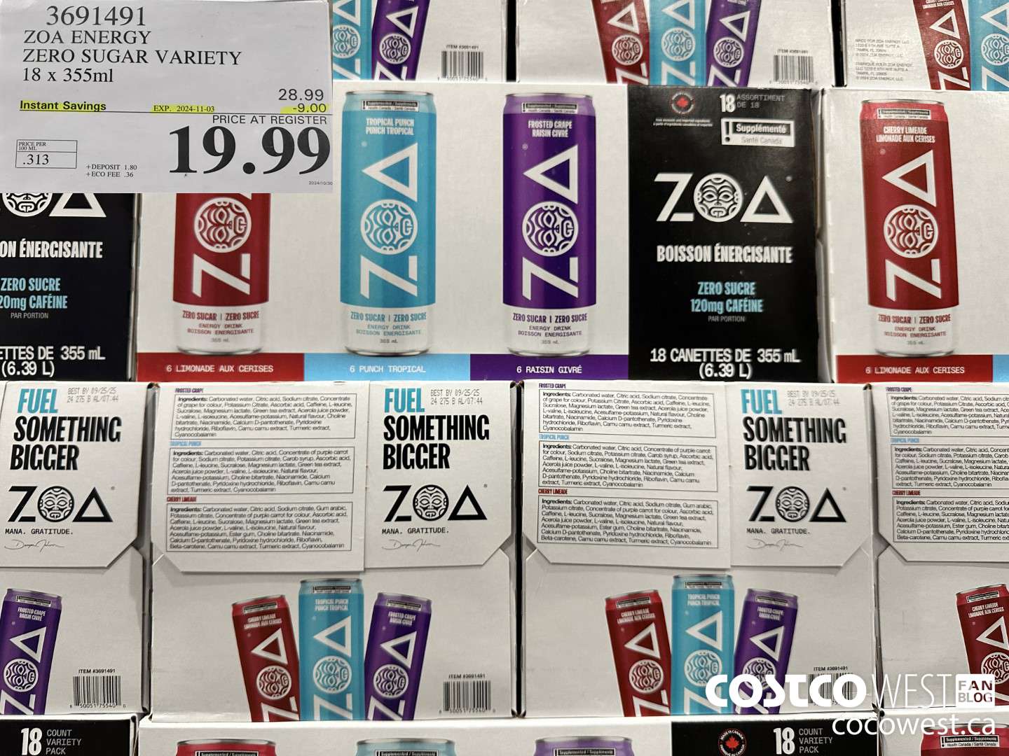 3691491 ZOA ENERGY ZERO SUGAR VARIETY 18 X 355ML ($9.00 INSTANT SAVINGS EXPIRES ON 2024-11-03) $19.99