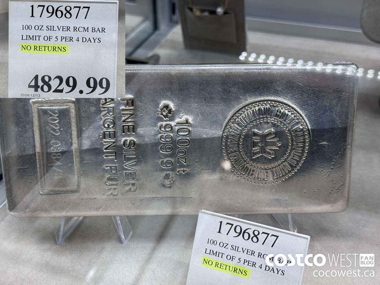 1796877 100 OZ SILVER RCM BAR LIMIT OF 5 PER 4 DAYS NO RETURNS $4829.99