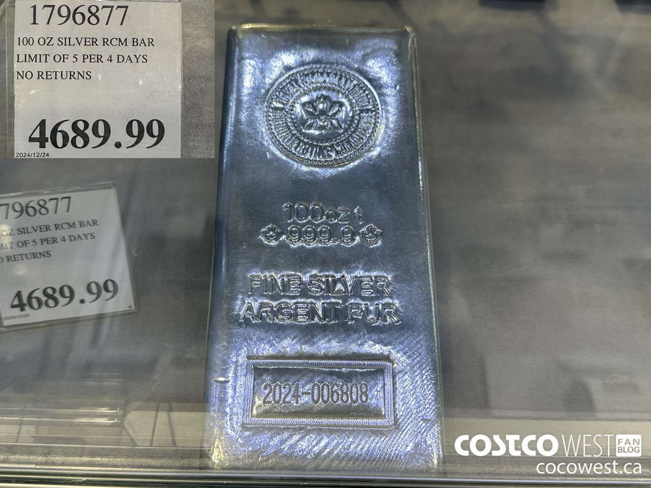 1796877 100 OZ SILVER RCM BAR LIMIT OF 5 PER 4 DAYS NO RETURNS $4689.99