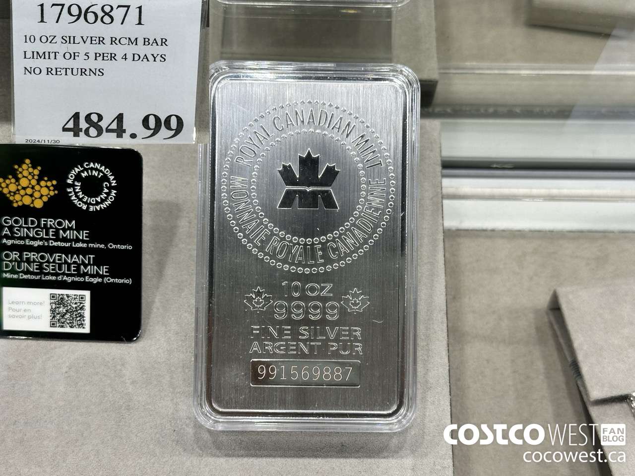 1796871 10 OZ SILVER RCM BAR LIMIT OF 5 PER 4 DAYS NO RETURNS  $484.99