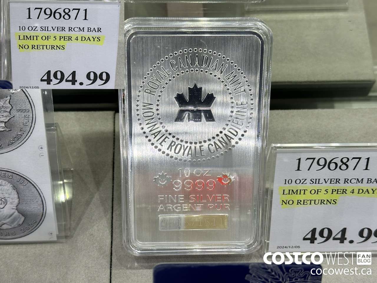 1796871 10 OZ SILVER RCM BAR LIMIT OF 5 PER 4 DAYS NO RETURNS  $494.99