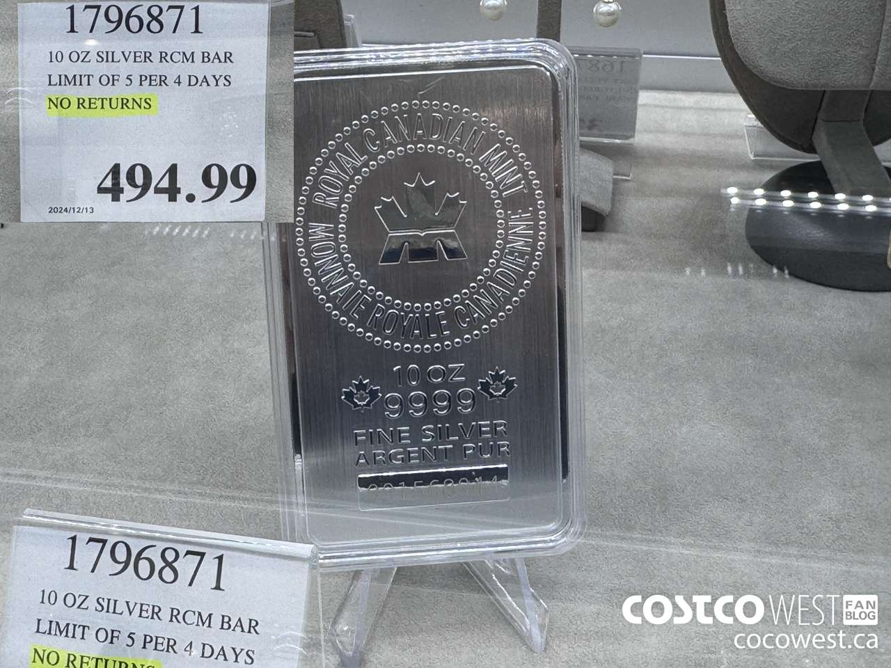 1796871 10 OZ SILVER RCM BAR LIMIT OF 5 PER 4 DAYS NO RETURNS  $494.99