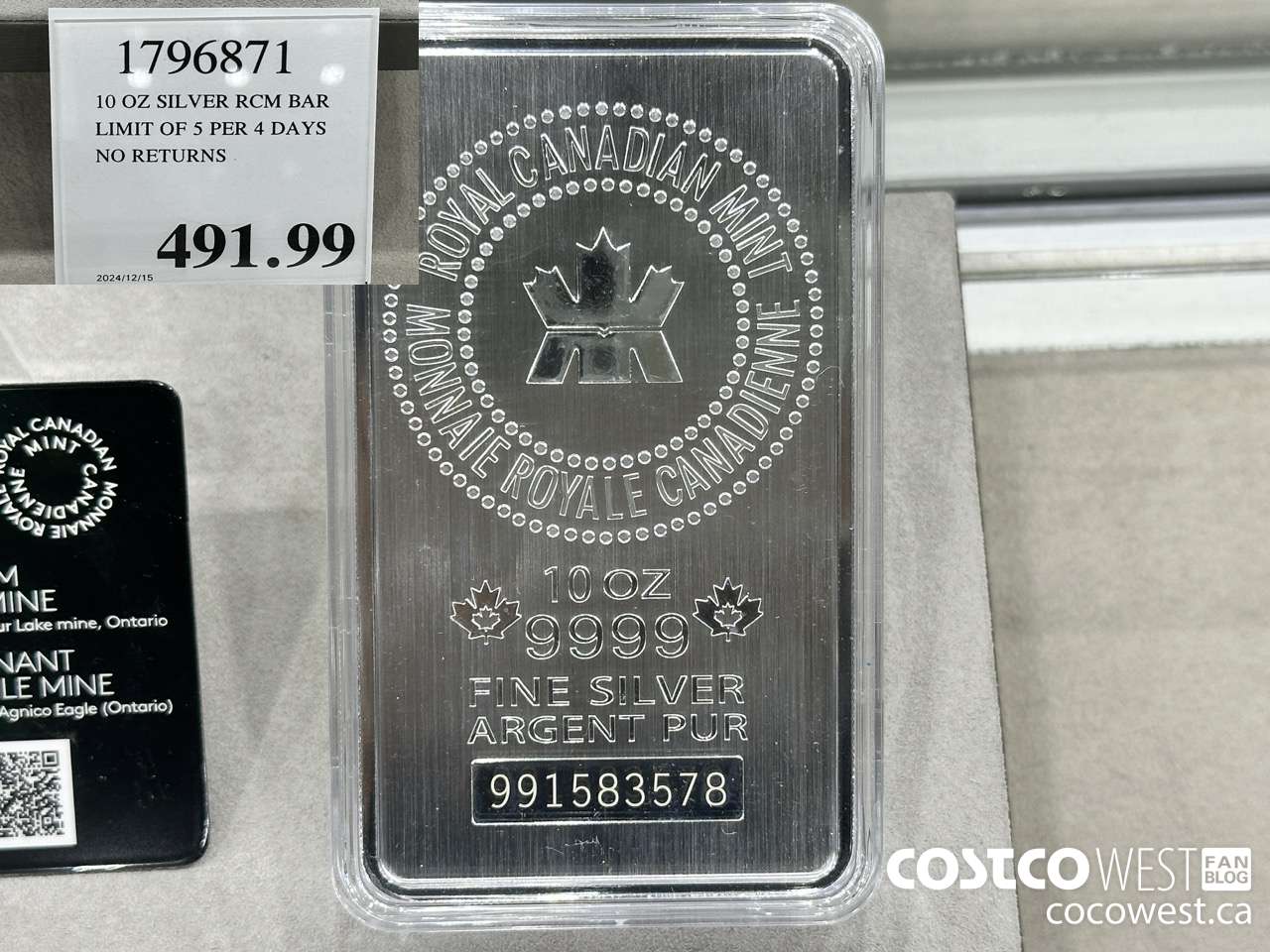 1796871 10 OZ SILVER RCM BAR LIMIT OF 5 PER 4 DAYS NO RETURNS  $491.99