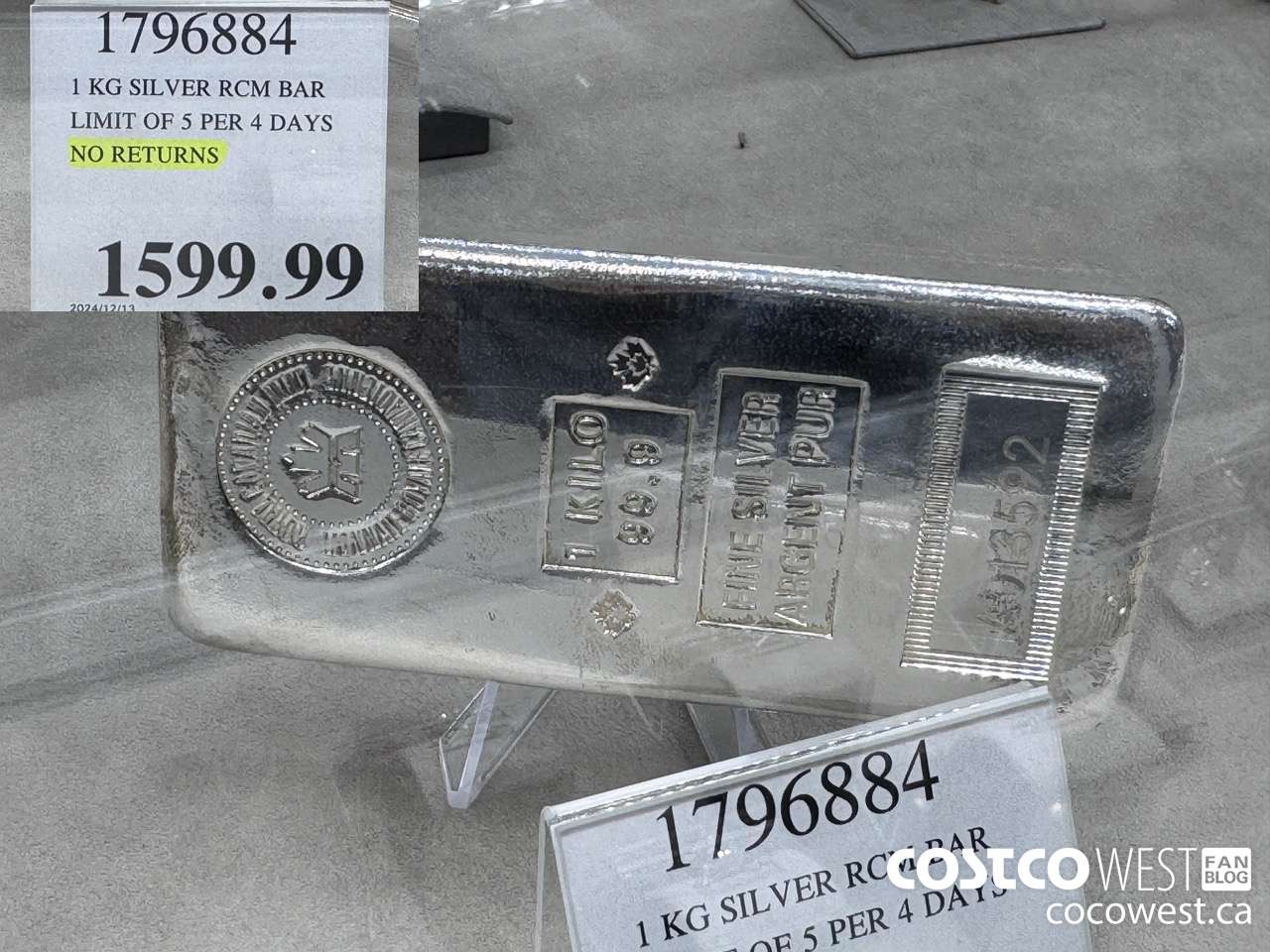 1796884 1 KG SILVER RCM BAR LIMIT OF 5 PER 4 DAYS NO RETURNS $1599.99