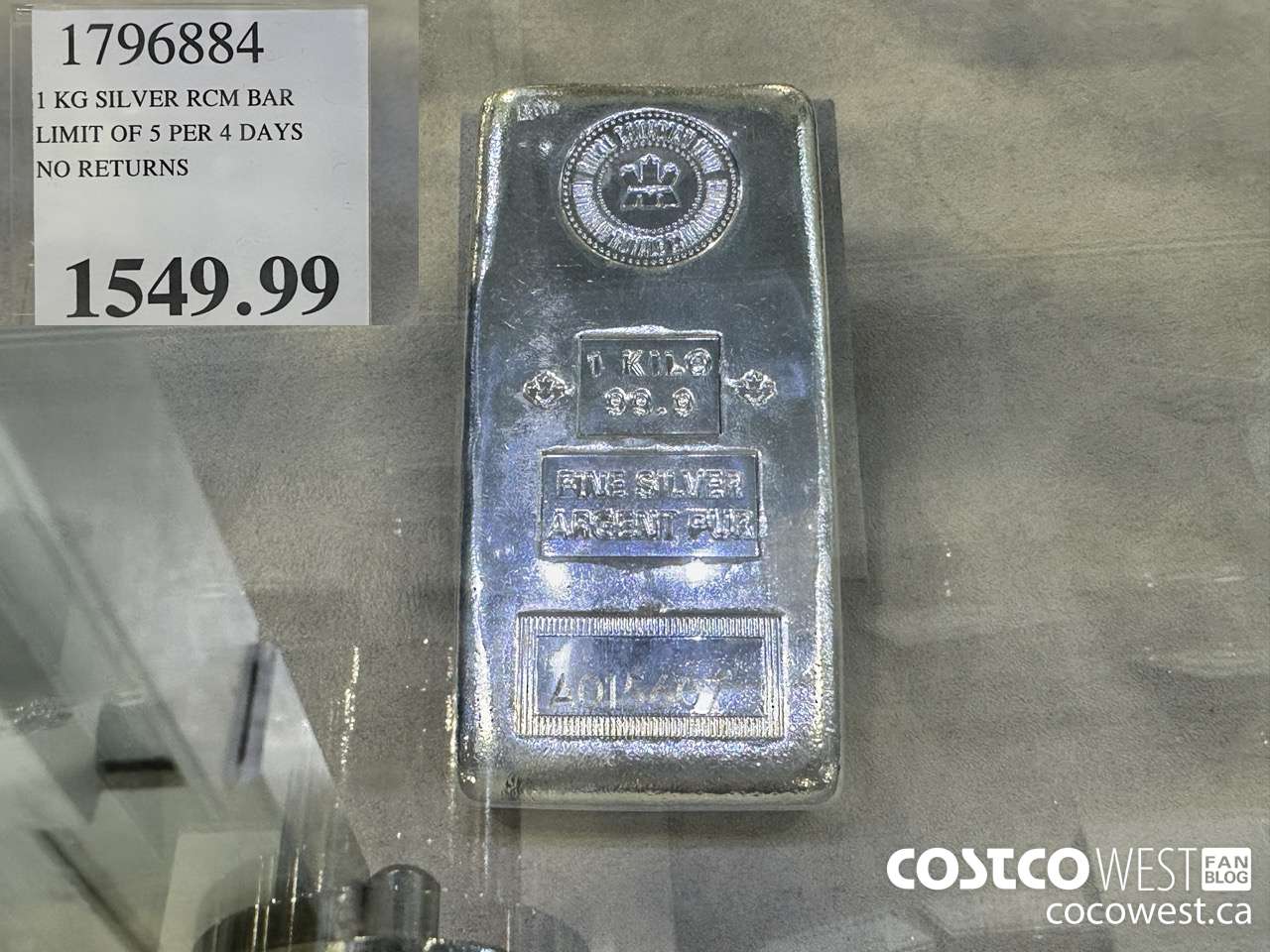 1796884 1 KG SILVER RCM BAR LIMIT OF 5 PER 4 DAYS NO RETURNS $1549.99