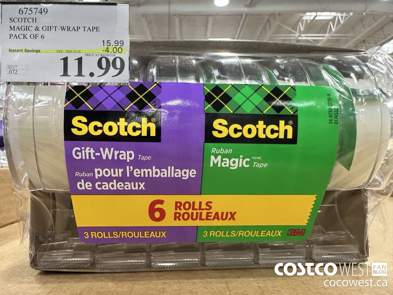 675749 3M SCOTCH MAGIC TAPE/GIFT WRAP TAPE 6PK ($4.00 INSTANT SAVINGS EXPIRES ON 2024-12-24) $11.99