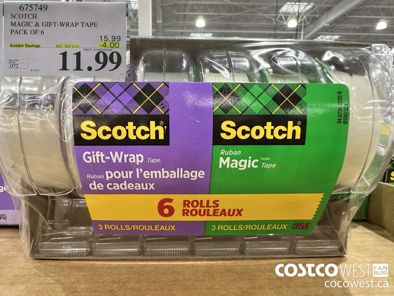 675749 3M SCOTCH MAGIC TAPE/GIFT WRAP TAPE 6PK ($4.00 INSTANT SAVINGS EXPIRES ON 2024-12-24) $11.99