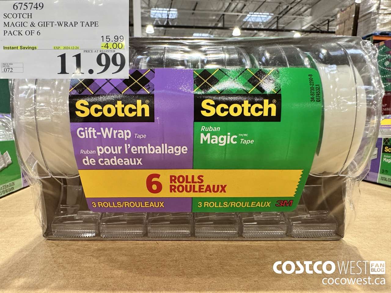 675749 3M SCOTCH MAGIC TAPE/GIFT WRAP TAPE 6PK ($4.00 INSTANT SAVINGS EXPIRES ON 2024-12-24) $11.99