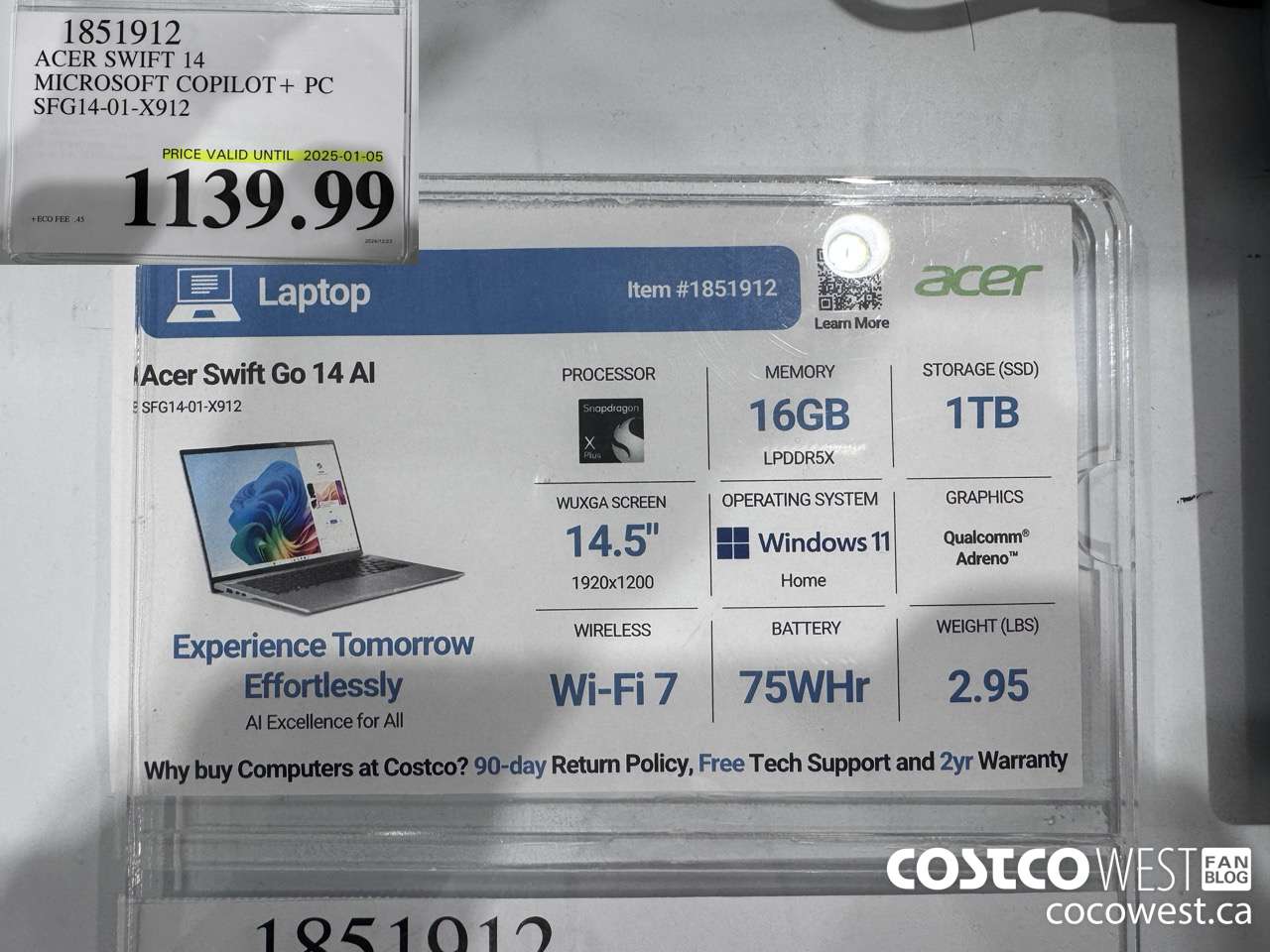 1851912 ACER SWIFT 14 MICROSOFT COPILOT + PC SFG14-01-X912 (EXPIRES ON 2025-01-05) $1139.99