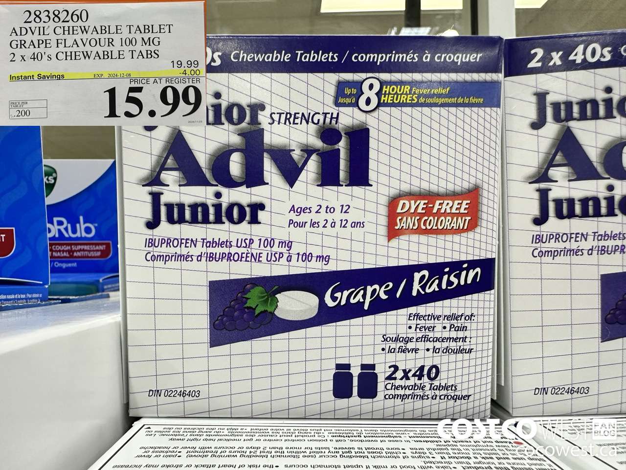 2838260 ADVIL CHEWABLE TABLET GRAPE FLAVOUR 100 MG 2 X 40'S CHEWABLE TABS ($4.00 INSTANT SAVINGS EXPIRES ON 2024-12-08) $15.99