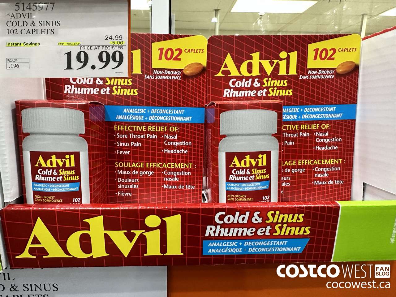 5145977 ADVIL COLD & SINUS 102 CAPLETS ($5.00 INSTANT SAVINGS EXPIRES ON 2024-12-15) $19.99