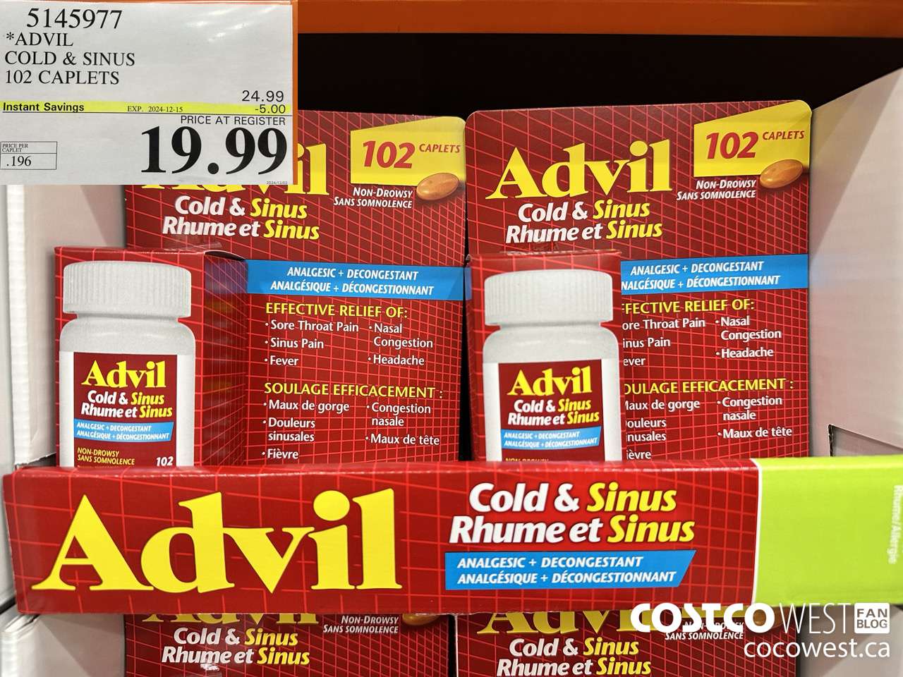 5145977 ADVIL COLD & SINUS 102 CAPLETS ($5.00 INSTANT SAVINGS EXPIRES ON 2024-12-15) $19.99